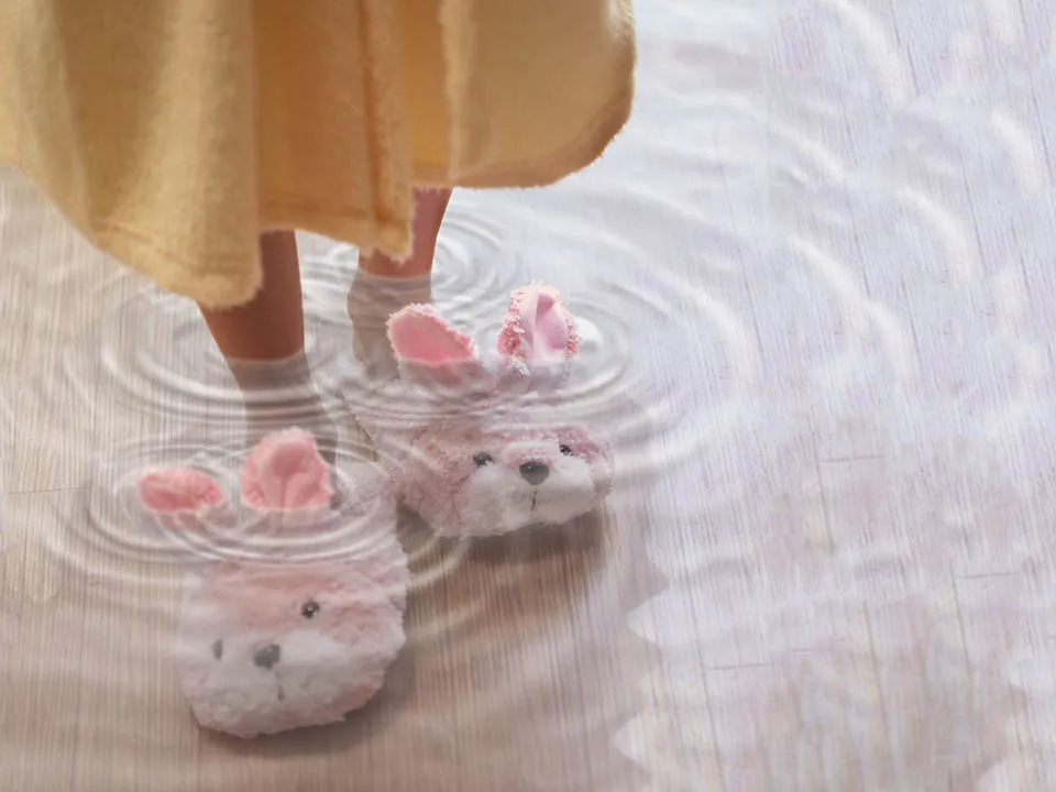 Bunny slippers in a flooded room